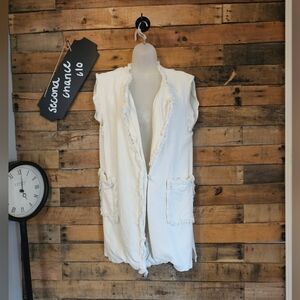 Moon River Women's White Cream Boho Raw Edges sleeveless long cardigan Size S